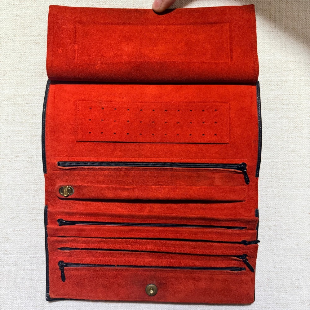 Horchow Germany Jewelry Roll Travel Organizer Women OS Black Red Leather Suede